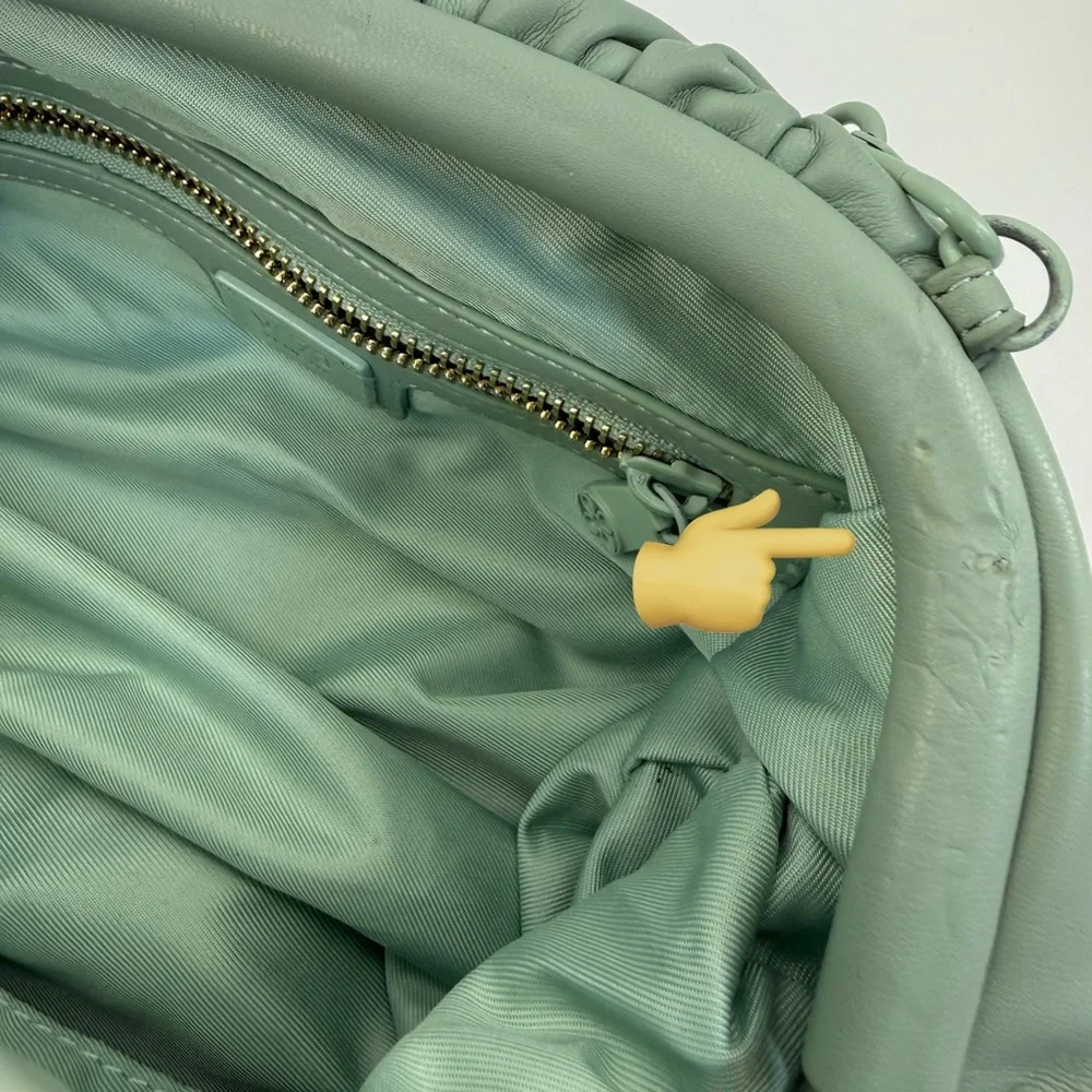 V°73 Sage Green Ruched Shoulder Bag with Chain Strap Soft Pebble Leather Purse